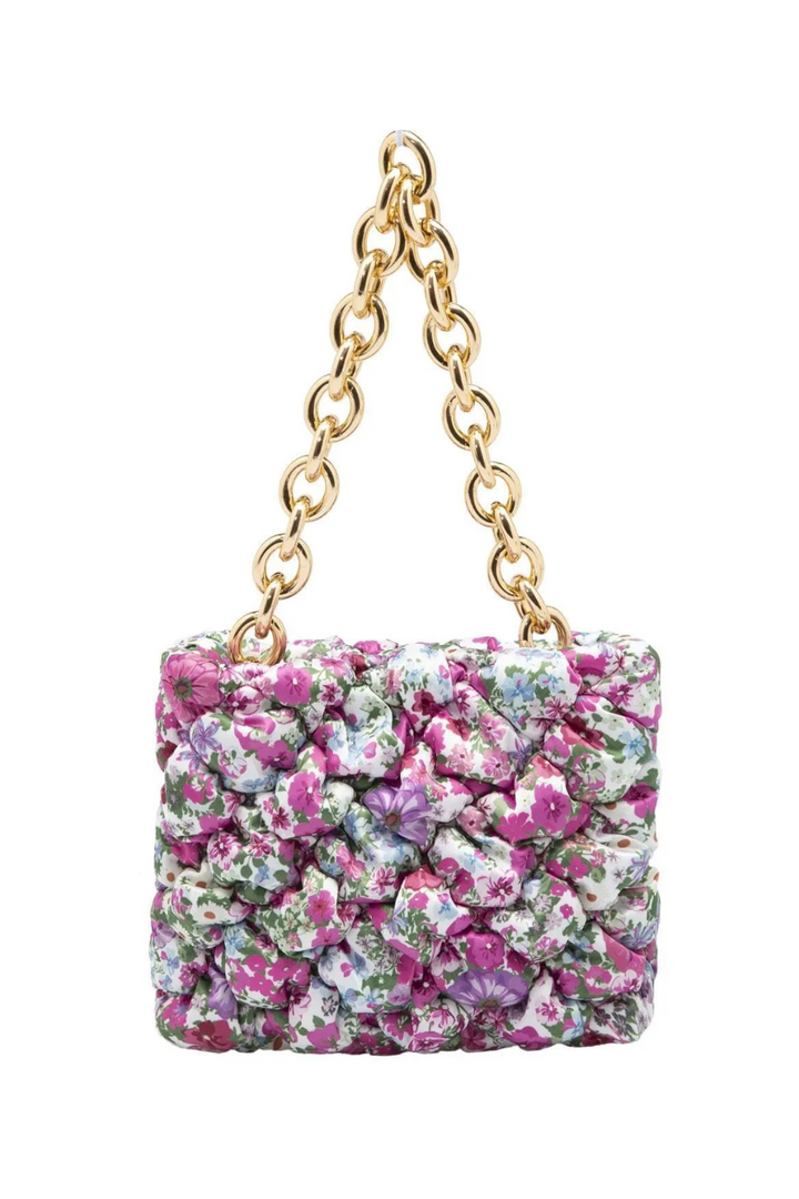 Purple Floral Ruched Mini Bag with Gold Chain - jqwholesale.com