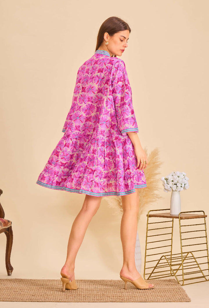 Short A-line dress in printed cotton- Pink