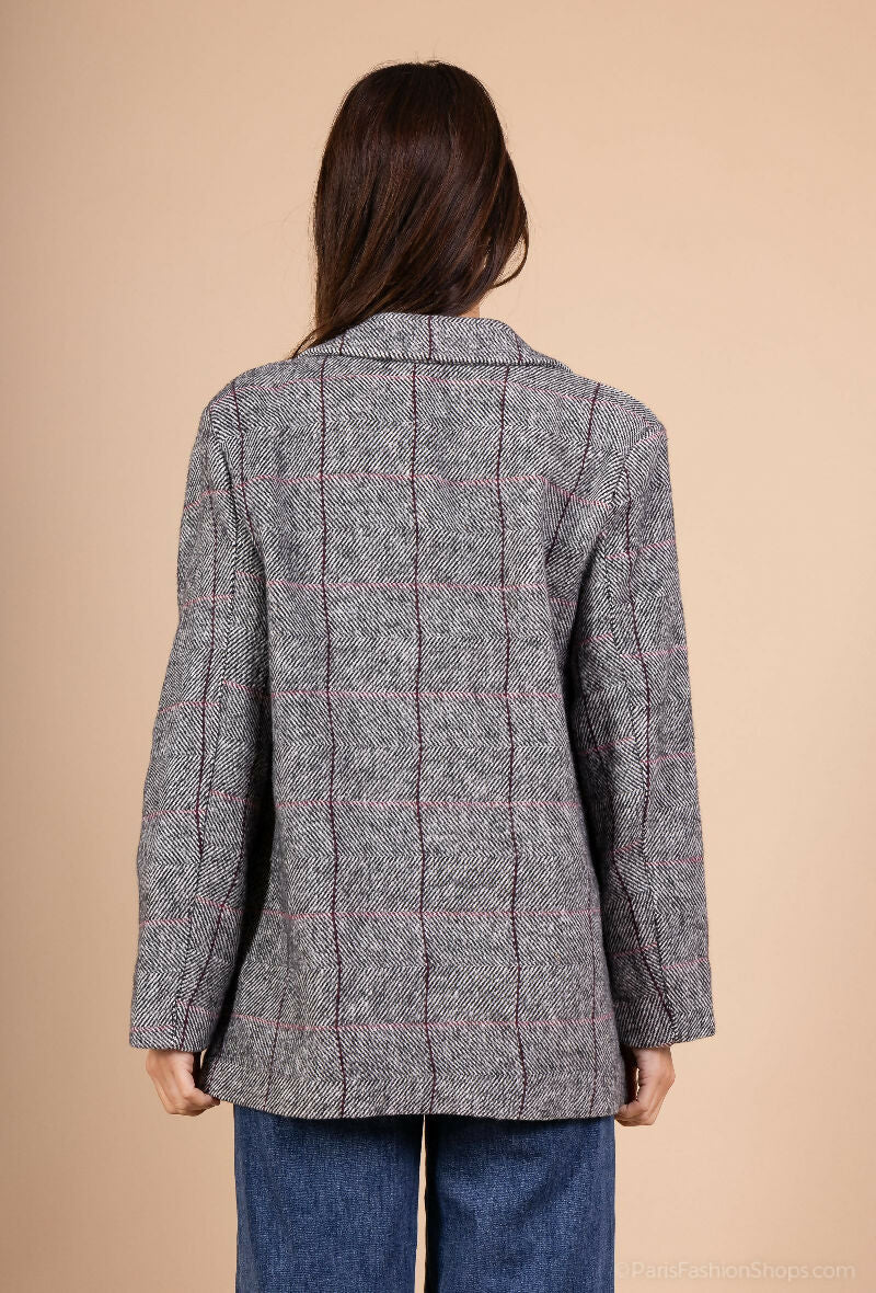 Plaid Blazer with Brooch