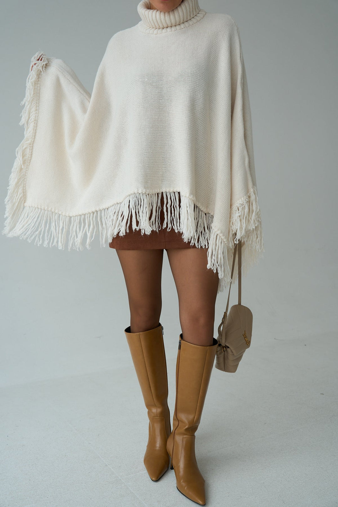 Fringe Hem Turtleneck Poncho – Cream