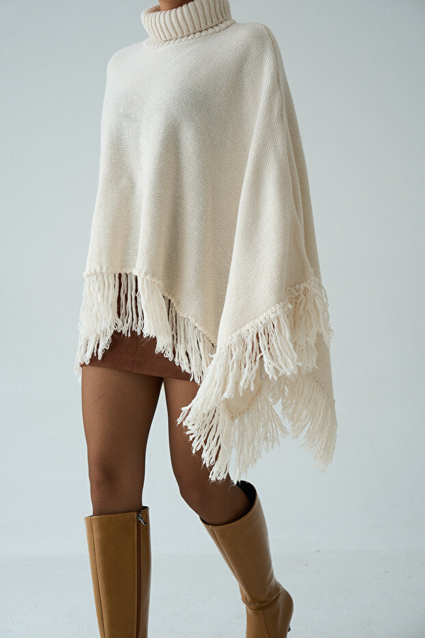 Fringe Hem Turtleneck Poncho – Cream