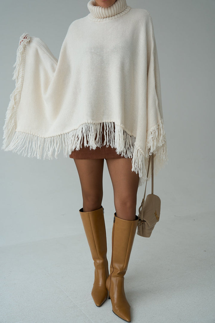 Fringe Hem Turtleneck Poncho – Cream