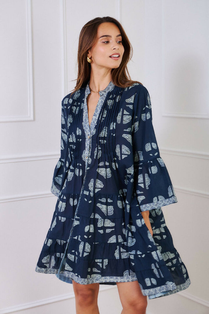 Short A-line dress in printed cotton- Navy