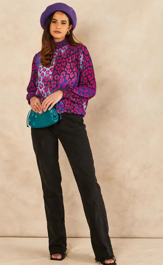 High Neck Casual Long Sleeve Top in Print - jqwholesale.com