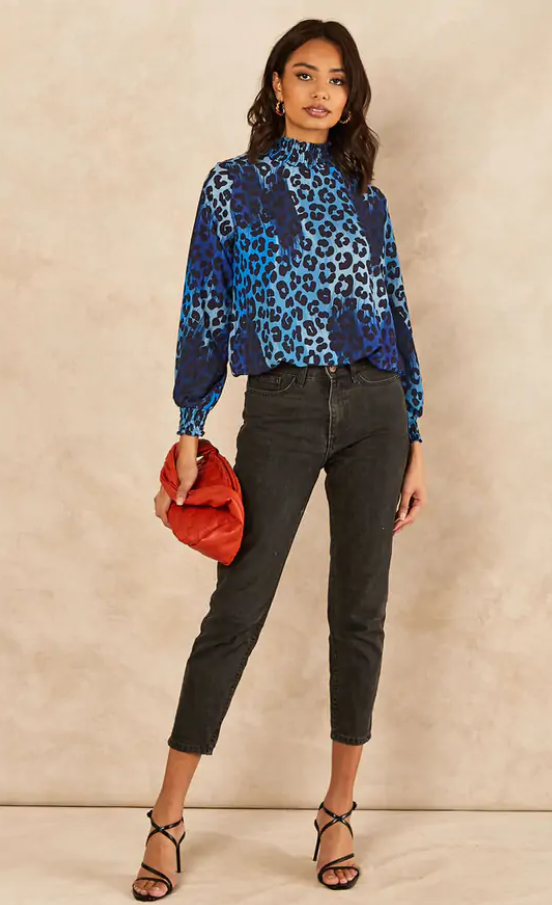 High Neck Casual Long Sleeve Top in Print - jqwholesale.com