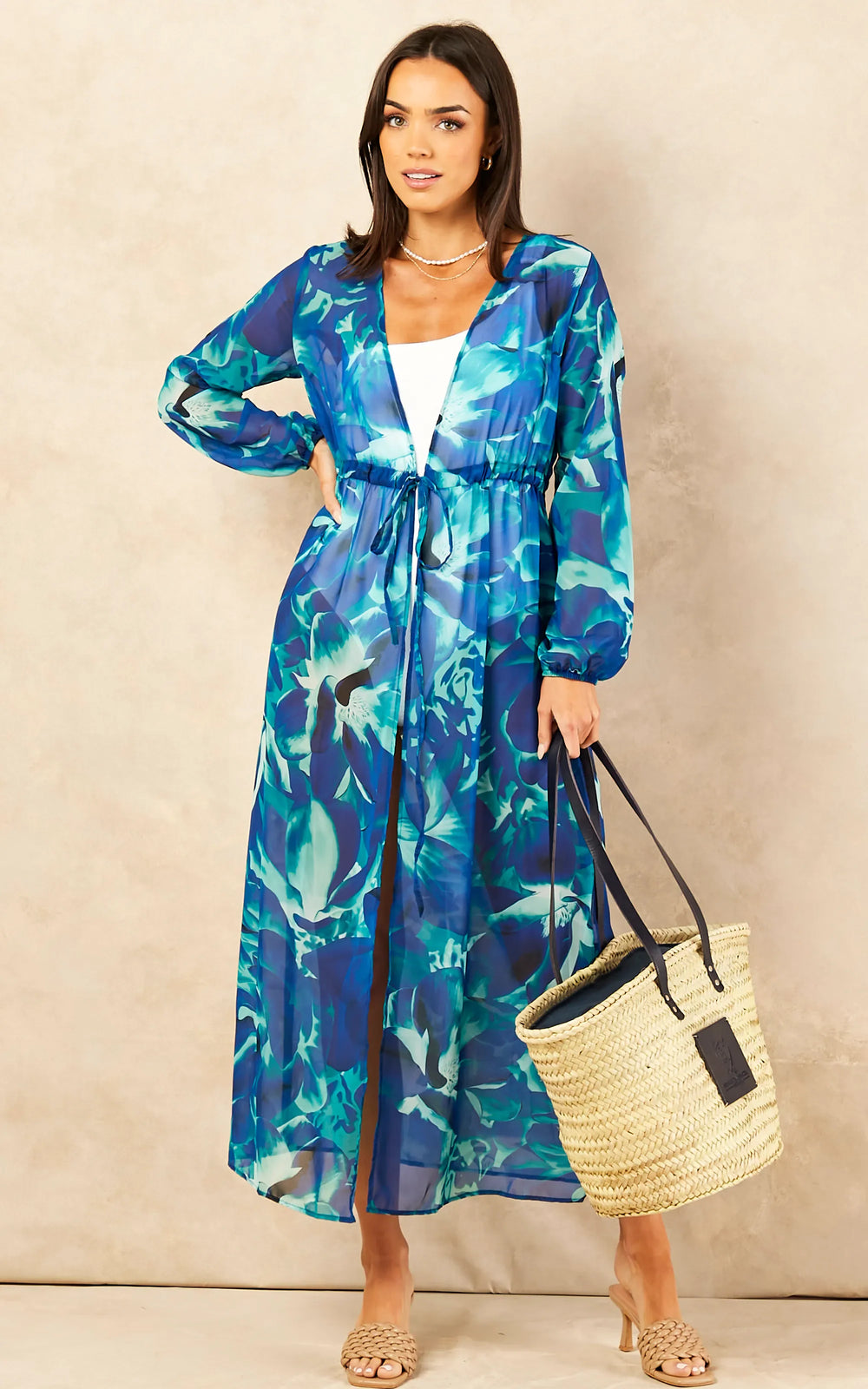 Summer Maxi Tunic / Kaftan with Tie Waist in Sax Blue - jqwholesale.com
