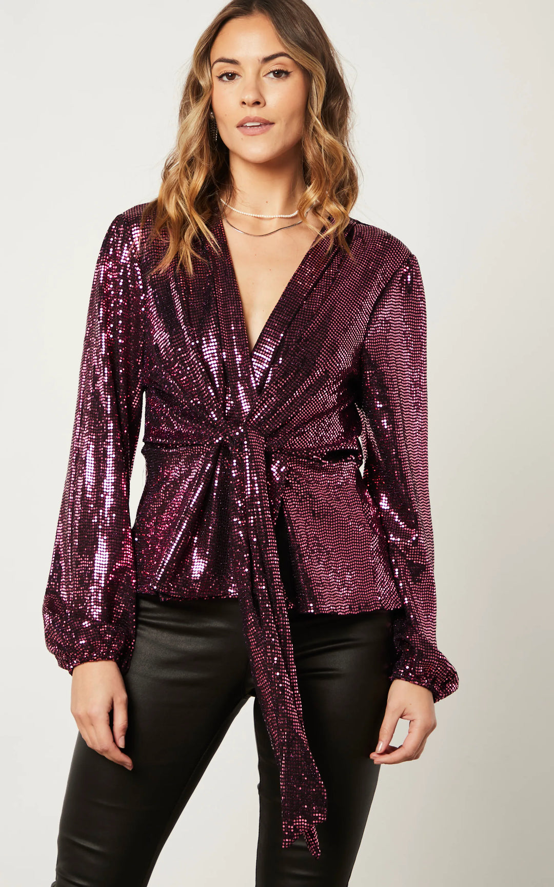 Glamorous Sequin Wrap Top in Rich Burgundy - jqwholesale.com