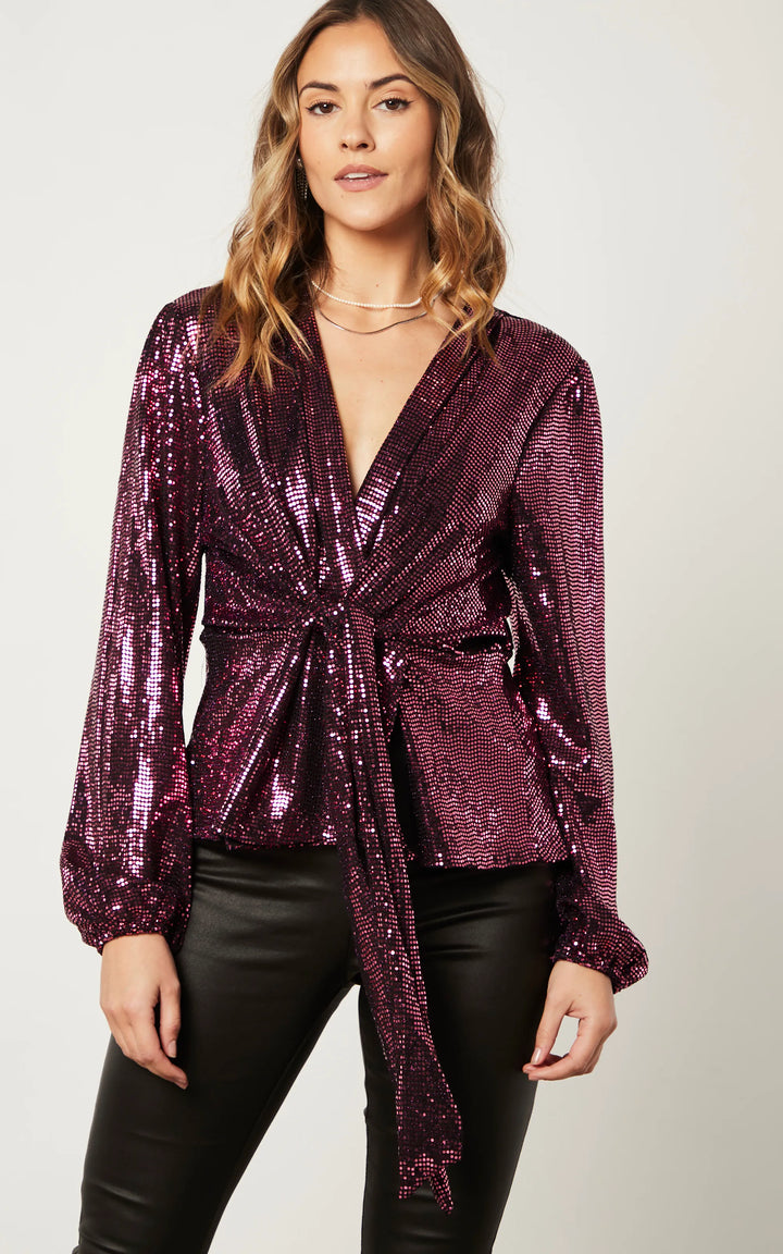 Glamorous Sequin Wrap Top in Rich Burgundy - jqwholesale.com