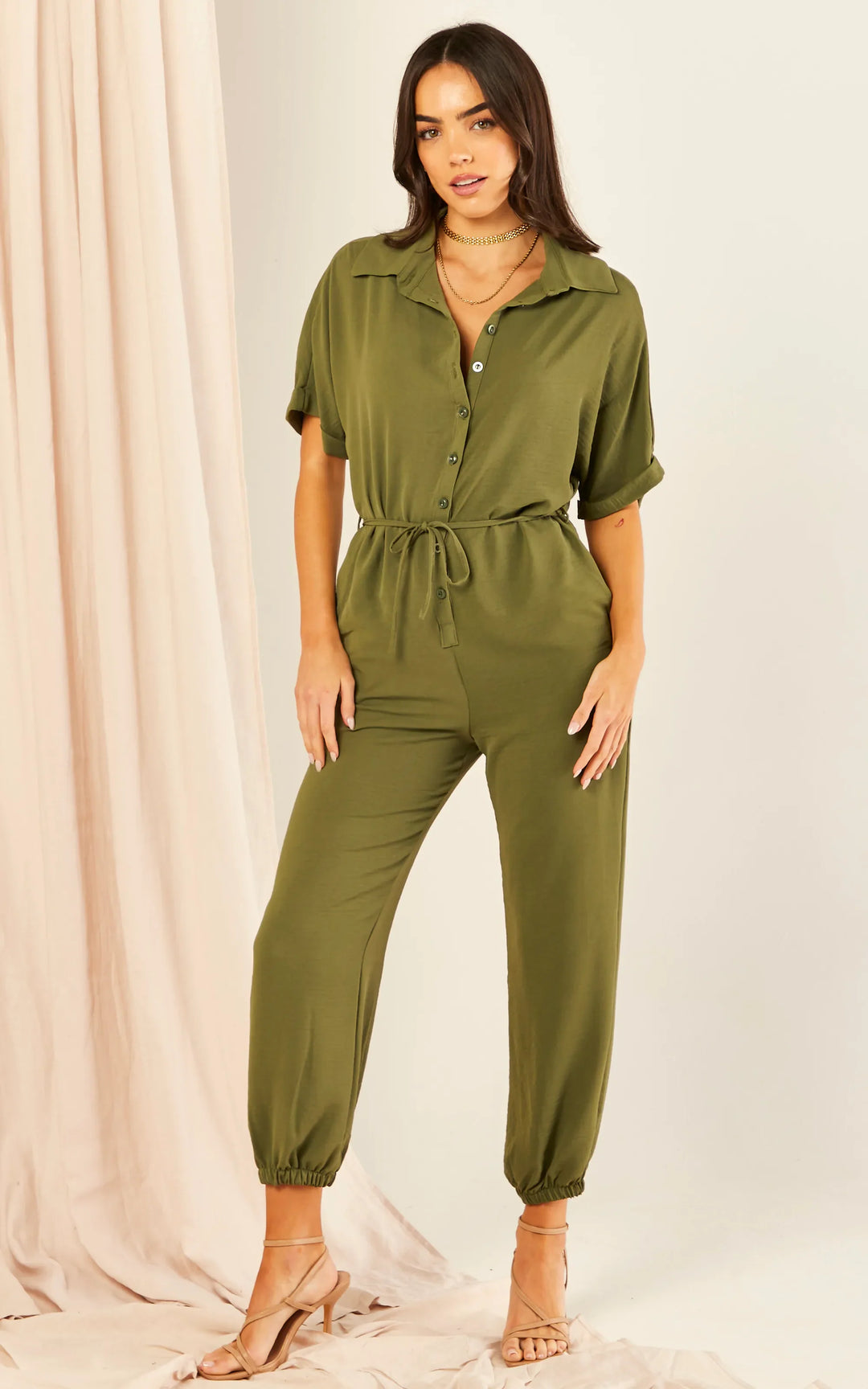 Shirt Jumpsuit in Khaki - jqwholesale.com