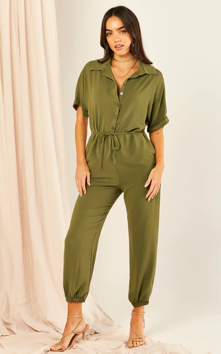 Shirt Jumpsuit in Khaki - jqwholesale.com