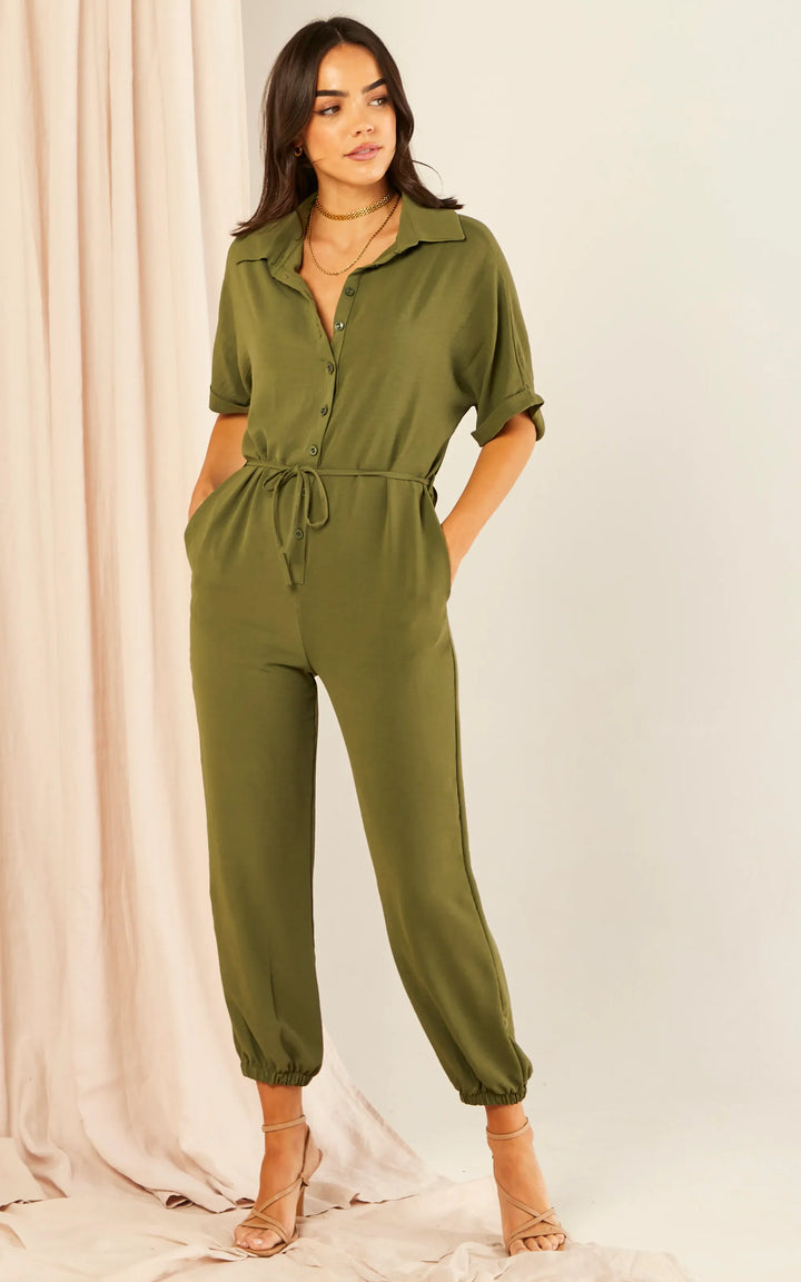 Shirt Jumpsuit in Khaki - jqwholesale.com