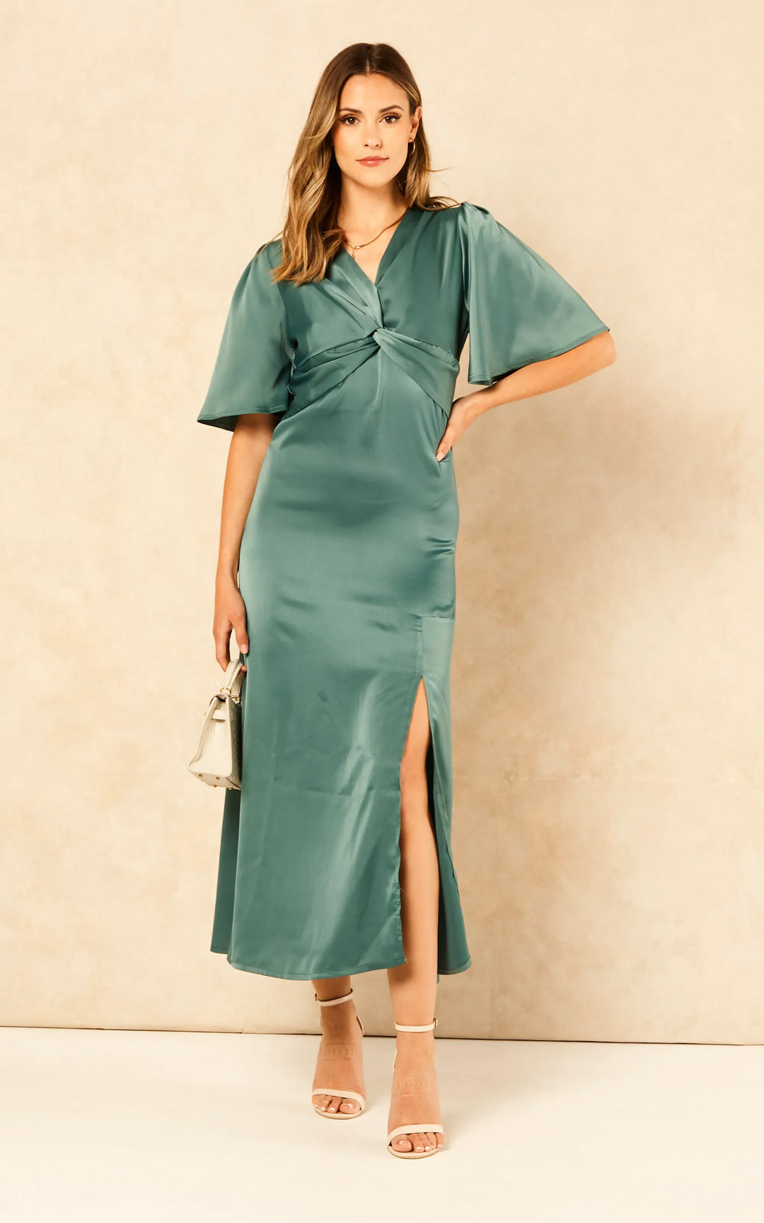 Angel Sleeve Satin Twist Maxi Dress - jqwholesale.com