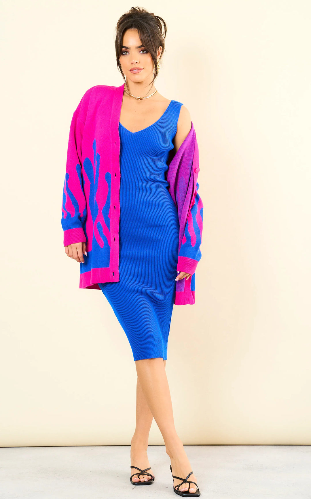 Blue Knitted Midi Dress with Pink Printed Cardigan Co Ord Set - jqwholesale.com