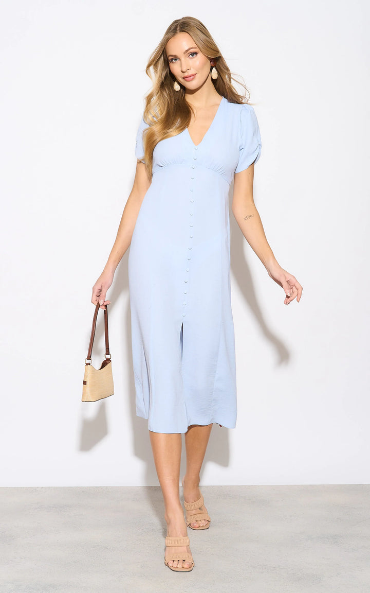 Linen Style Buttoned Shirt Midi Dress in Blue - jqwholesale.com