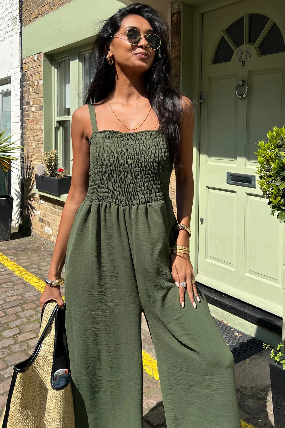 Elasticated Wide Leg Cami Jumpsuit in Khaki - jqwholesale.com