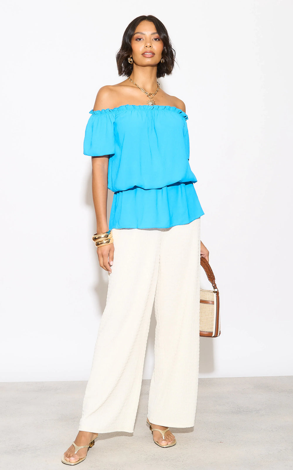Off Shoulder Bardot Summer Top in Blue - jqwholesale.com