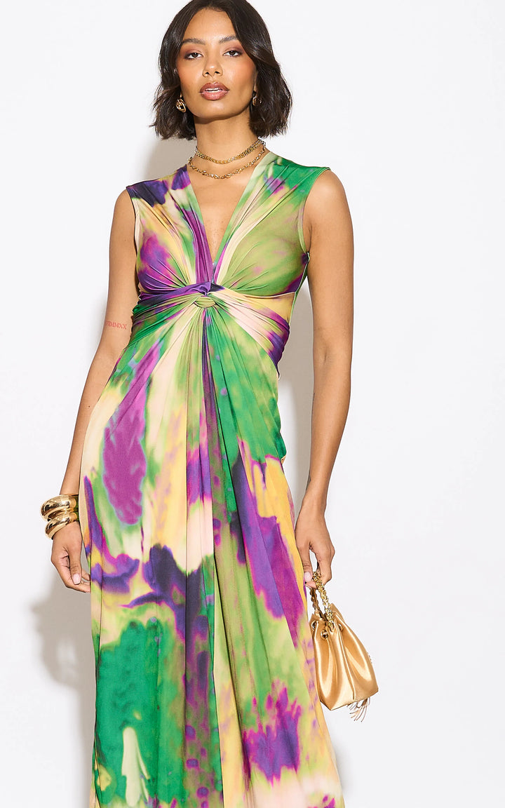 Sleeveless Twist Wrap Maxi Dress in Green tie dye print - jqwholesale.com