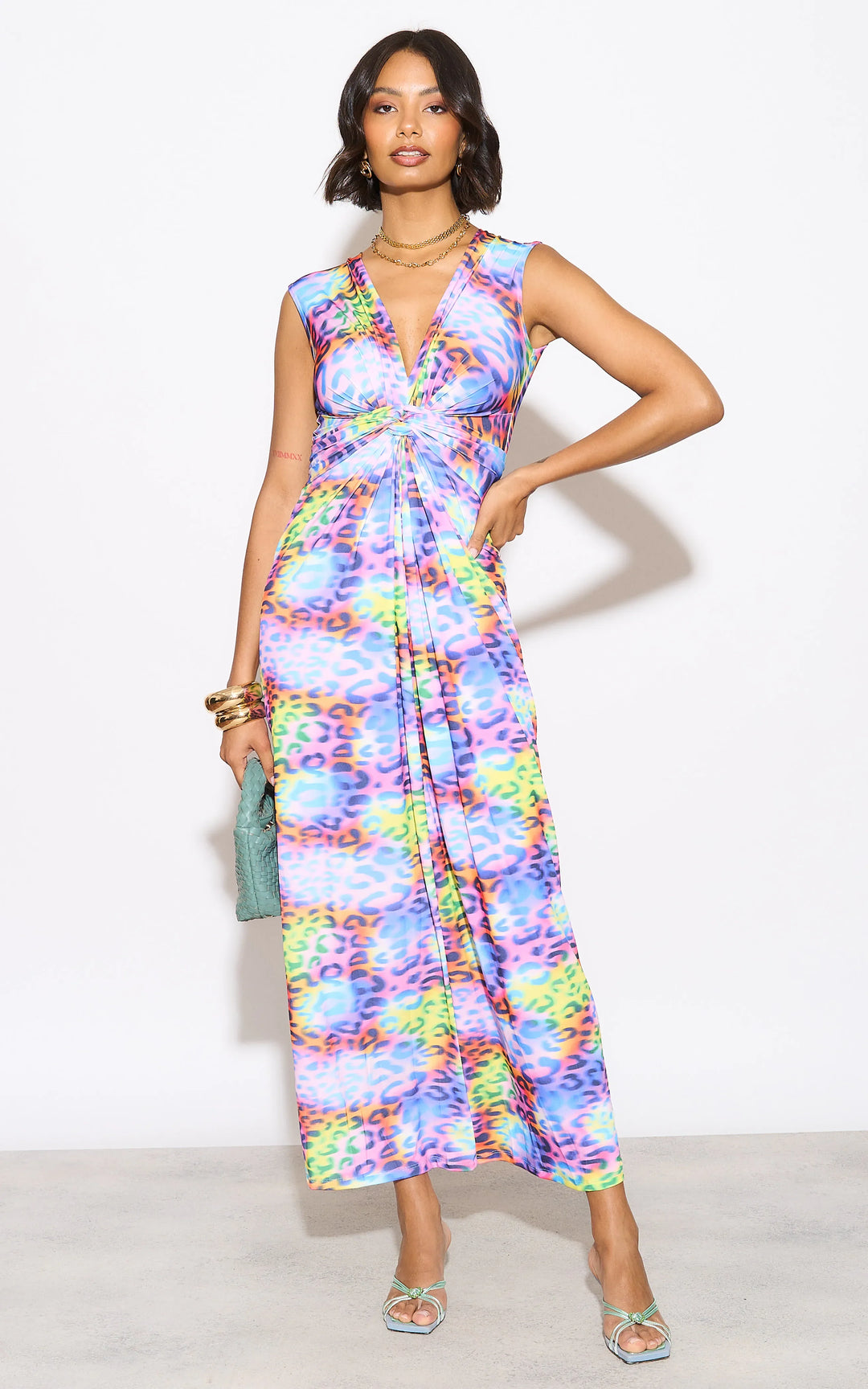Sleeveless Twist Wrap Maxi Dress in Multicolour Leopard print - jqwholesale.com
