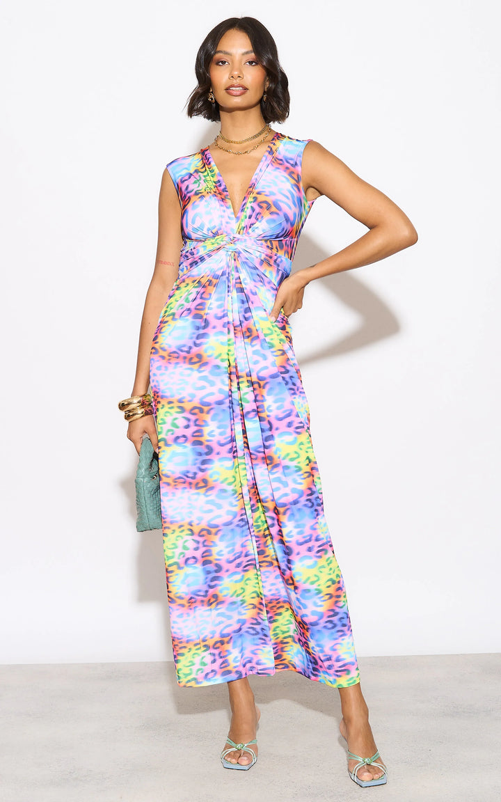 Sleeveless Twist Wrap Maxi Dress in Multicolour Leopard print - jqwholesale.com