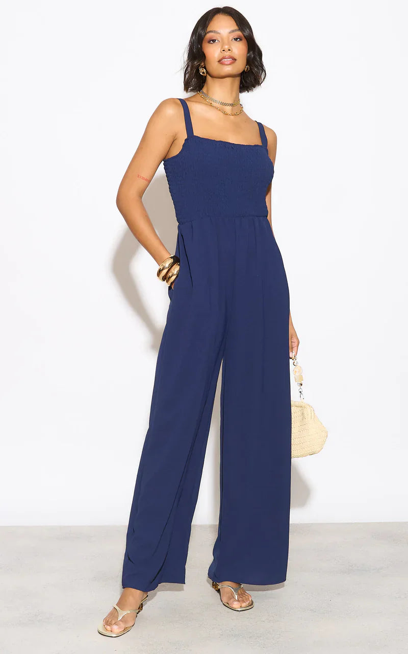Effortless Wide Leg Cami Jumpsuit in Navy - jqwholesale.com