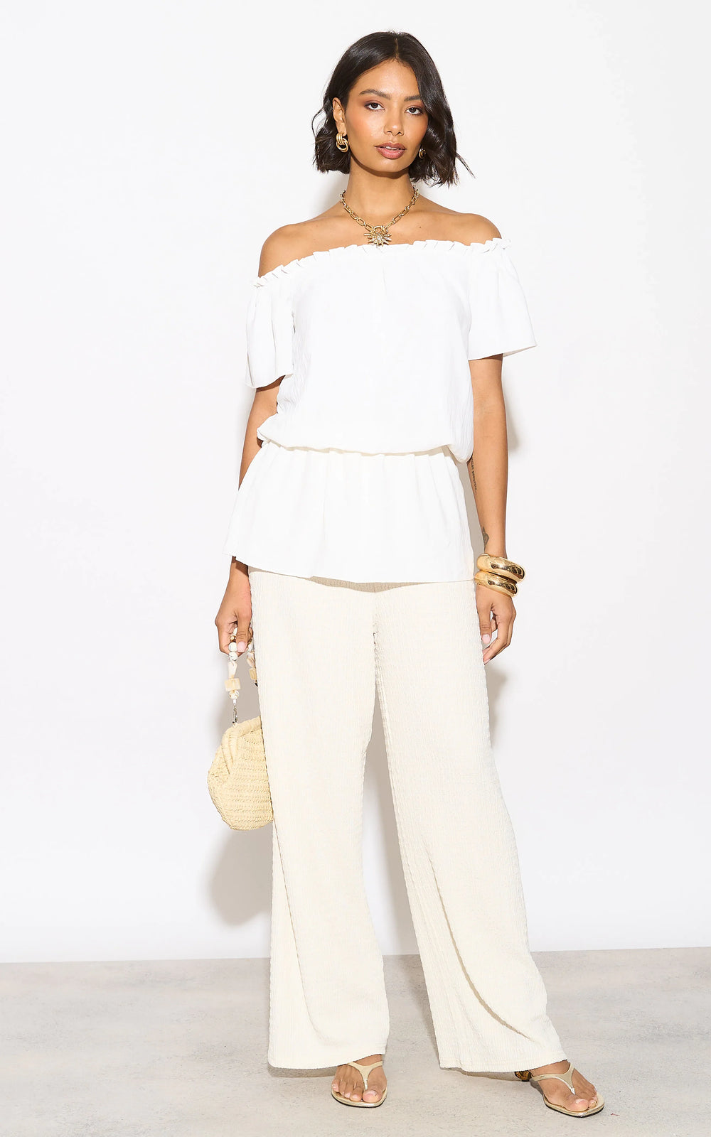 Off Shoulder Bardot Summer Top in Ecru - jqwholesale.com