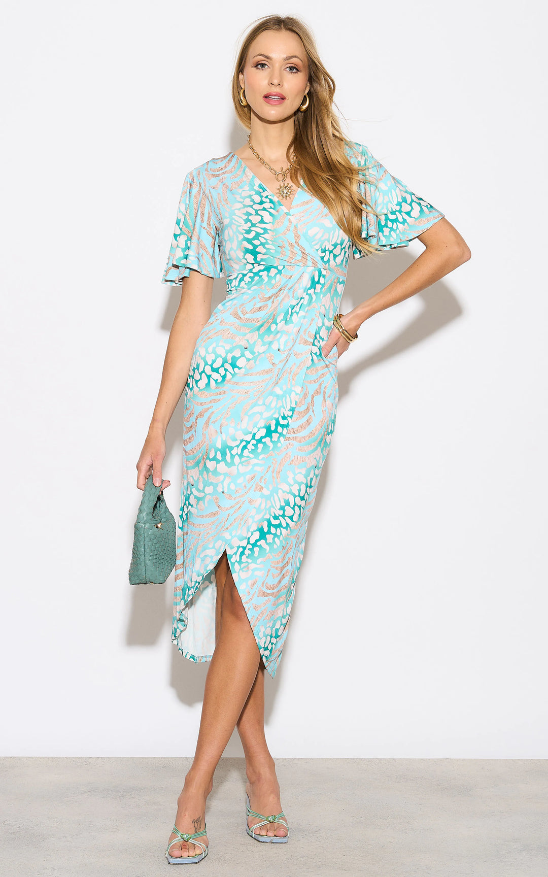 Angel Sleeve Wrap Style Midi Dress in Mint Animal print - jqwholesale.com