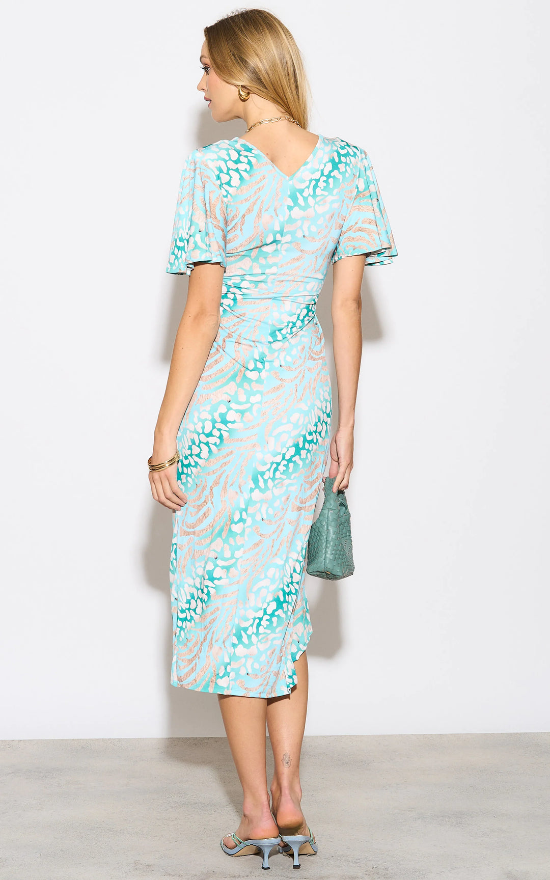Angel Sleeve Wrap Style Midi Dress in Mint Animal print - jqwholesale.com
