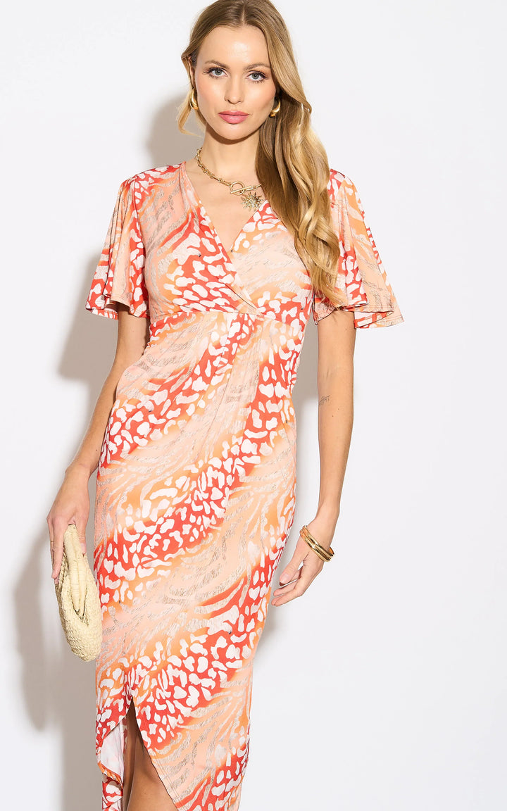 Flirty Flutter Sleeve Wrap Midi Dress in Orange Animal Print - jqwholesale.com