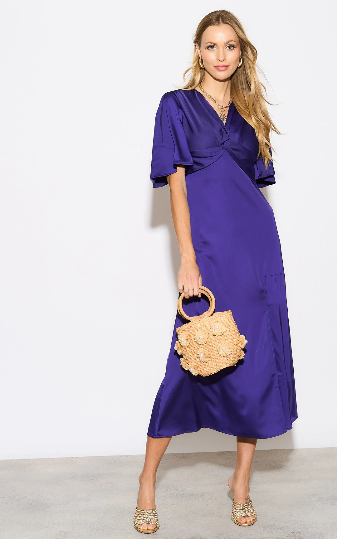 Angel Sleeve Twist Midi Dress with Slit in Sax - jqwholesale.com