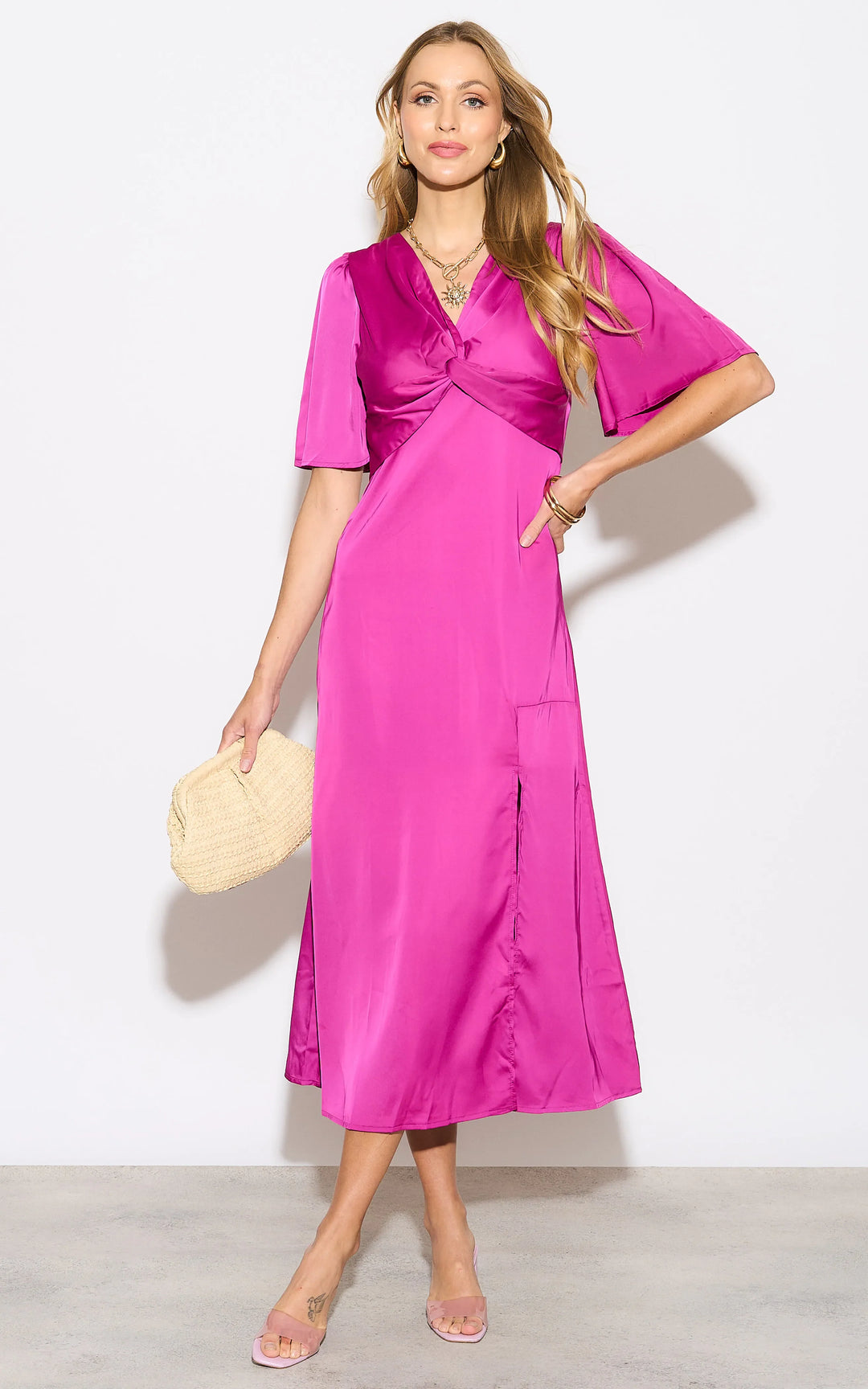 Angel Sleeve Twist Midi Dress with Slit in Fuchsia - jqwholesale.com