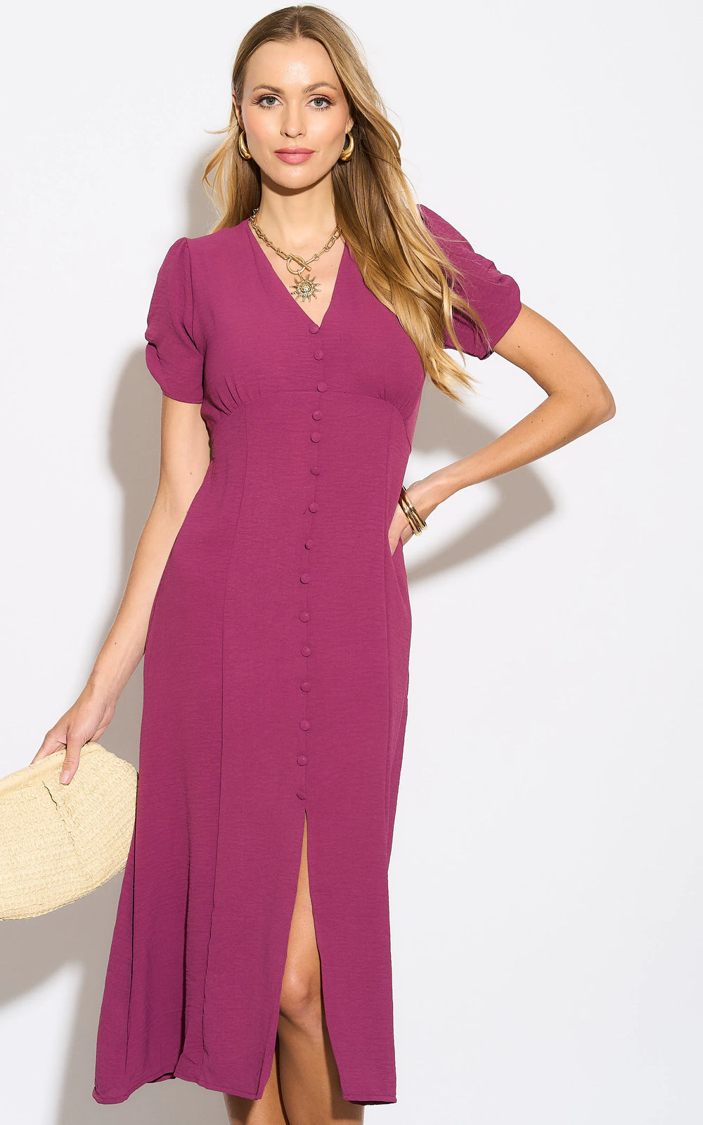 Buttoned Shirt Midi Dress in Purple - jqwholesale.com