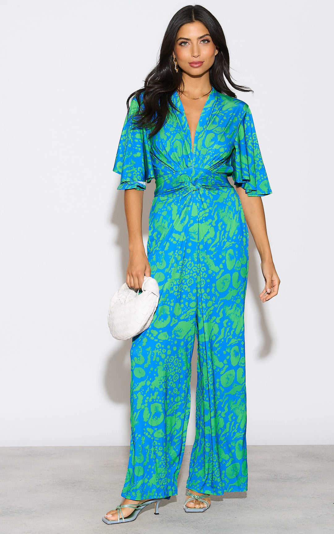 Angel Sleeve Twist Maxi Jumpsuit in Tropical Green print - jqwholesale.com
