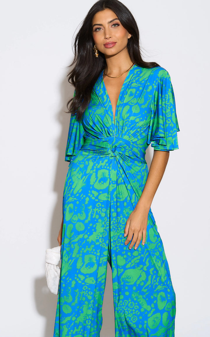 Angel Sleeve Twist Maxi Jumpsuit in Tropical Green print - jqwholesale.com