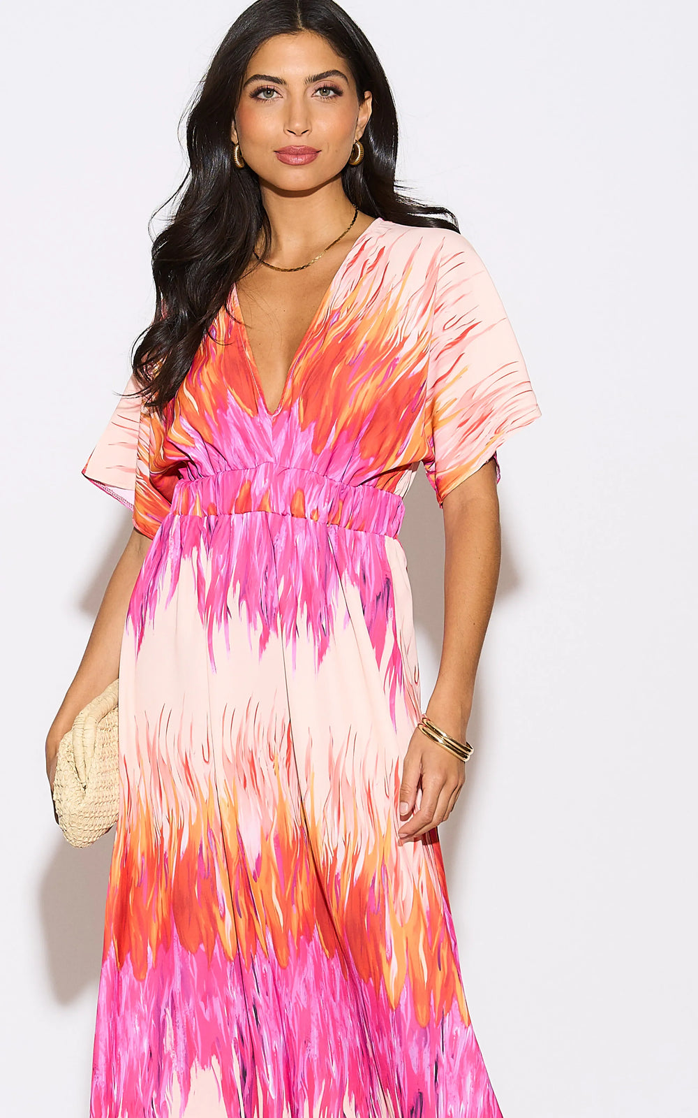 Elasticated Midi Dress in Abstract Pink print - jqwholesale.com