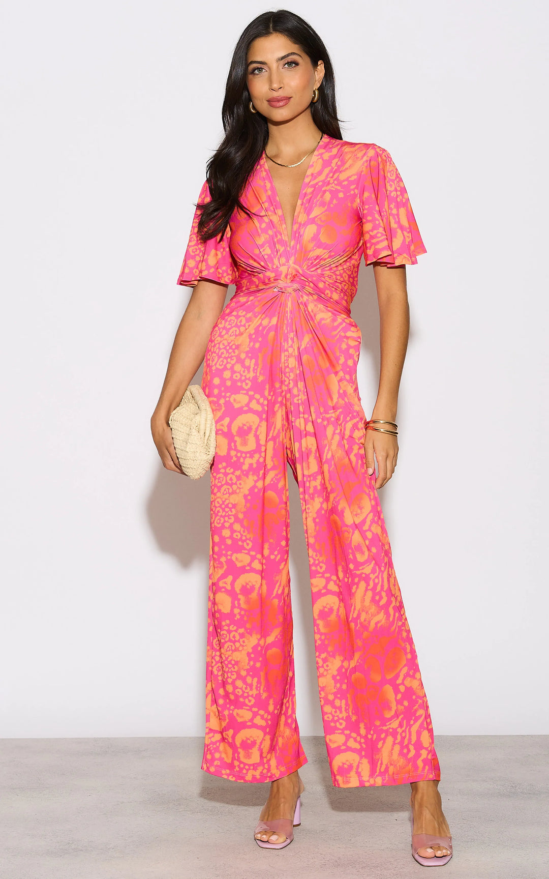 Angel Sleeve Twist Maxi Jumpsuit in Tropical Fuchsia print - jqwholesale.com