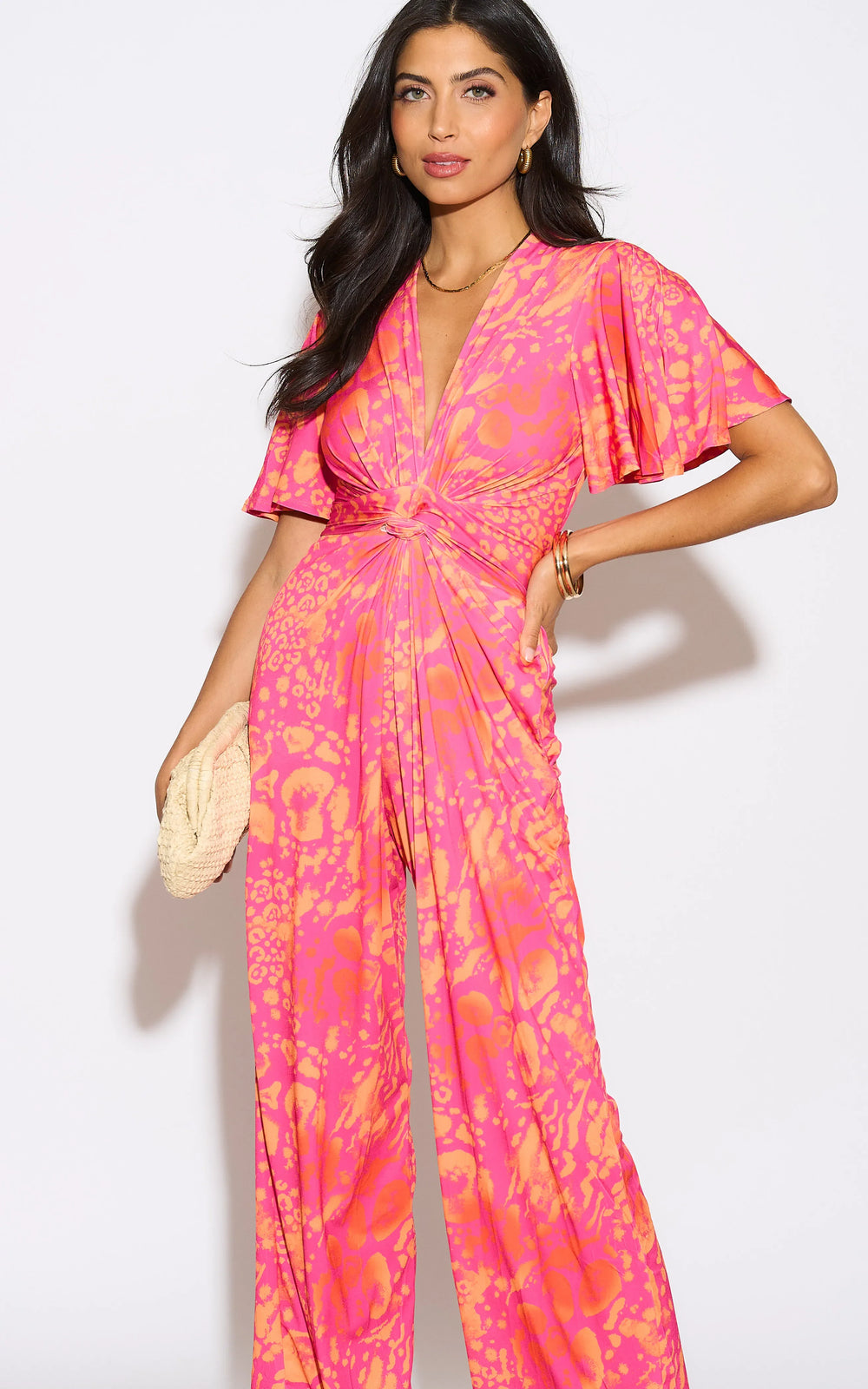 Angel Sleeve Twist Maxi Jumpsuit in Tropical Fuchsia print - jqwholesale.com