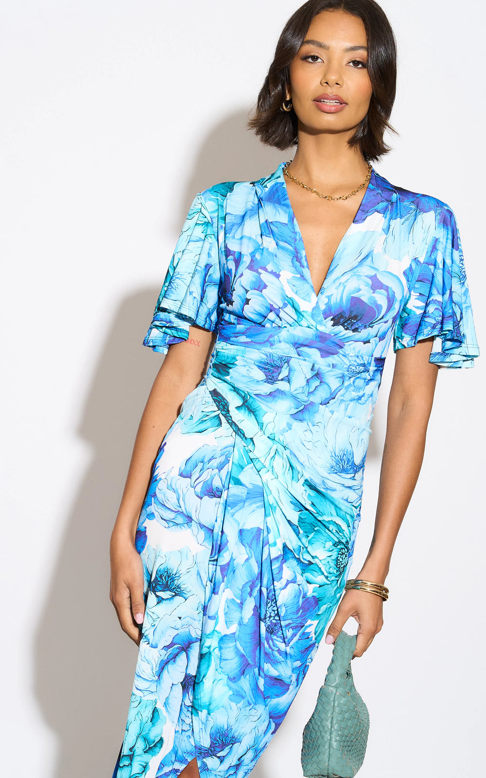 Forever Angel Sleeve Dress in Blue Floral print - jqwholesale.com