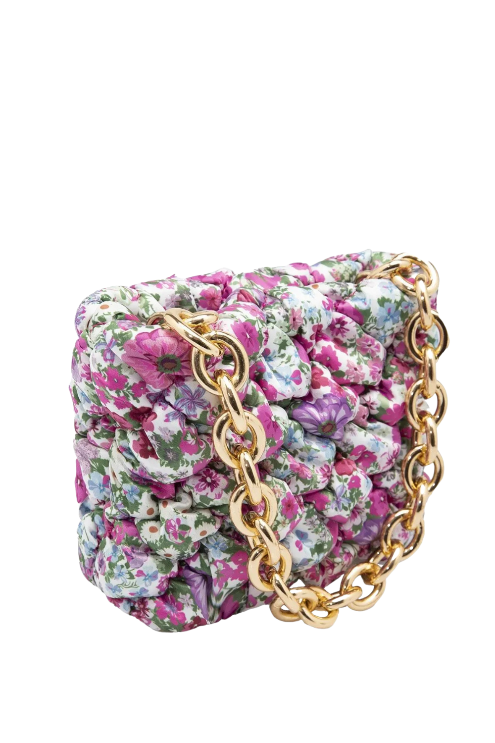 Purple Floral Ruched Mini Bag with Gold Chain - jqwholesale.com