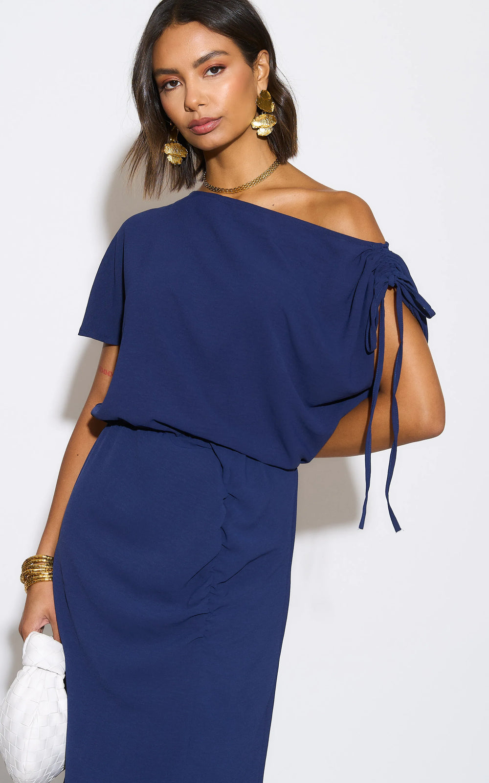 Off Shoulder Drape Midi Dress in Navy - jqwholesale.com
