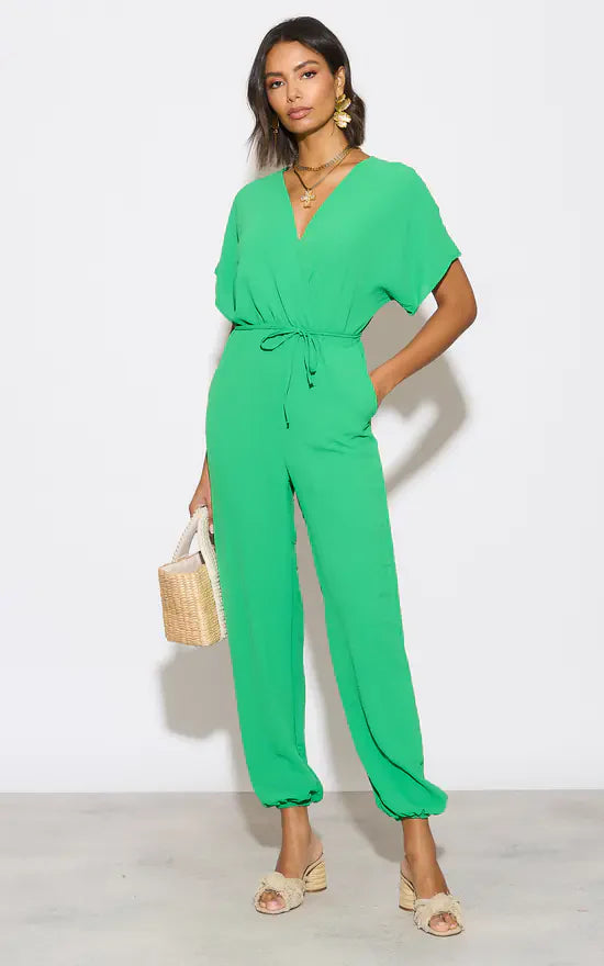 Batwing Sleeve Elasticated Waist Jumpsuit in Green - jqwholesale.com