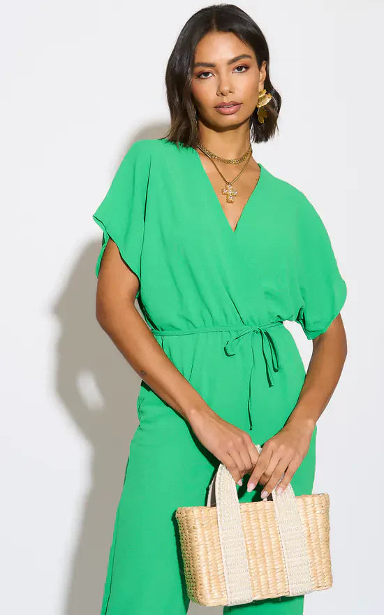 Batwing Sleeve Elasticated Waist Jumpsuit in Green - jqwholesale.com