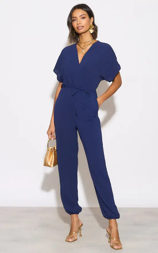 Batwing Sleeve Elasticated Waist Jumpsuit in Navy - jqwholesale.com