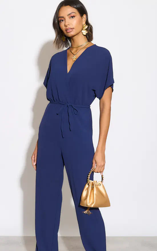 Batwing Sleeve Elasticated Waist Jumpsuit in Navy - jqwholesale.com