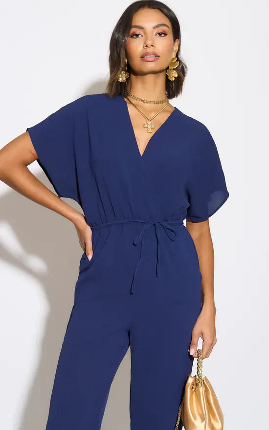 Batwing Sleeve Elasticated Waist Jumpsuit in Navy - jqwholesale.com