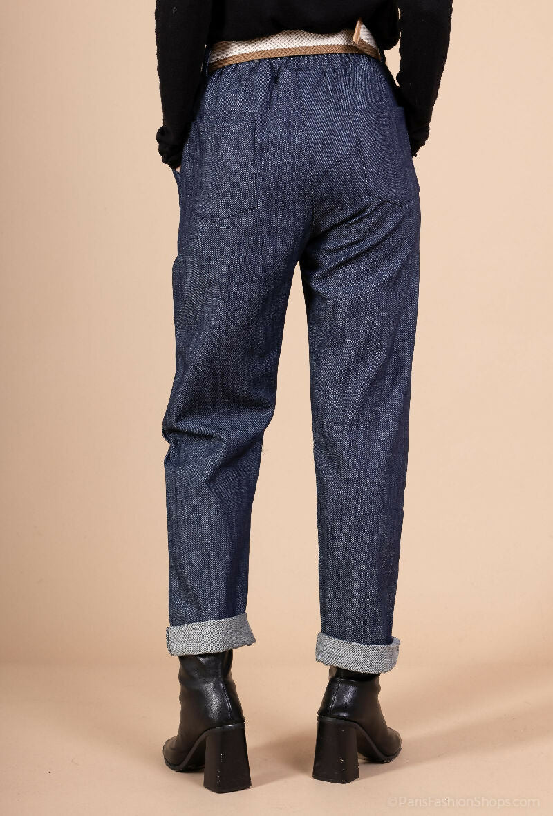 (4p.pack) Belted Straight-Cut Wide Denim Jeans