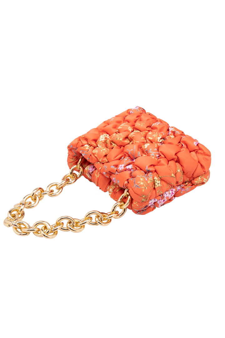 Orange Ruched Floral Mini Bag with Gold Chain - jqwholesale.com