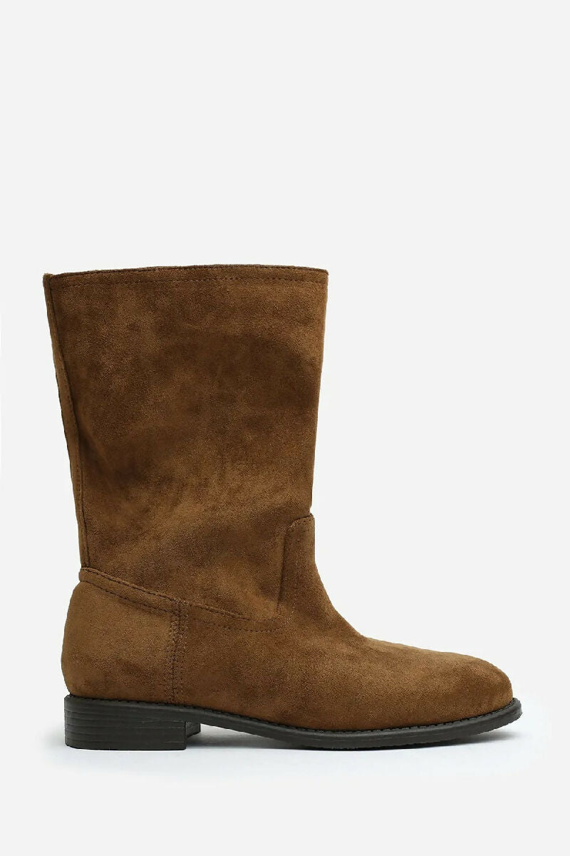 Khaki Suede Designer Calf High Flat Boot (PACK OF 12 PAIRS UK3-UK8) - jqwholesale.com