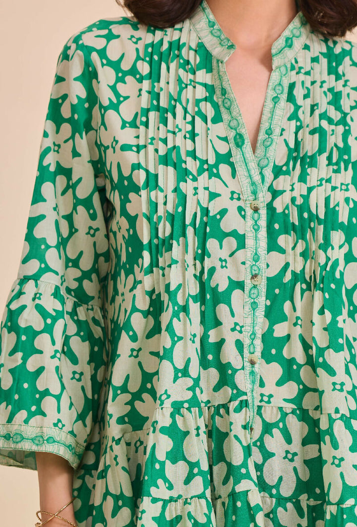 Short A-line dress in printed cotton- Light green