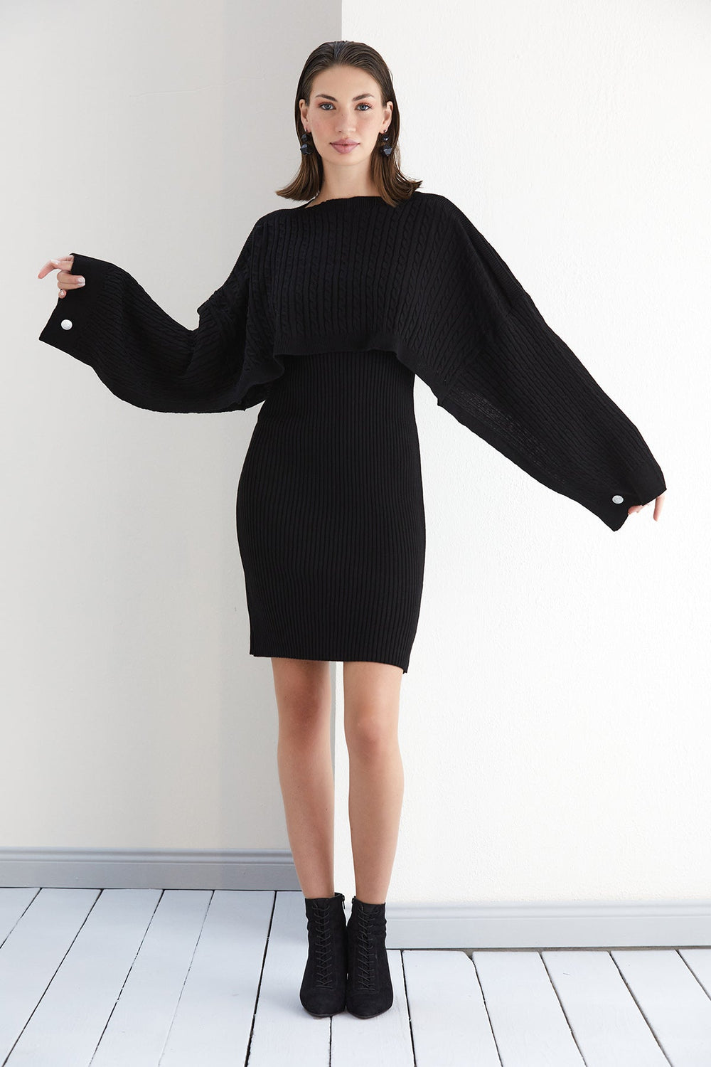 Knitted Midi Dress with Oversize Crop Bolero in Black - jqwholesale.com