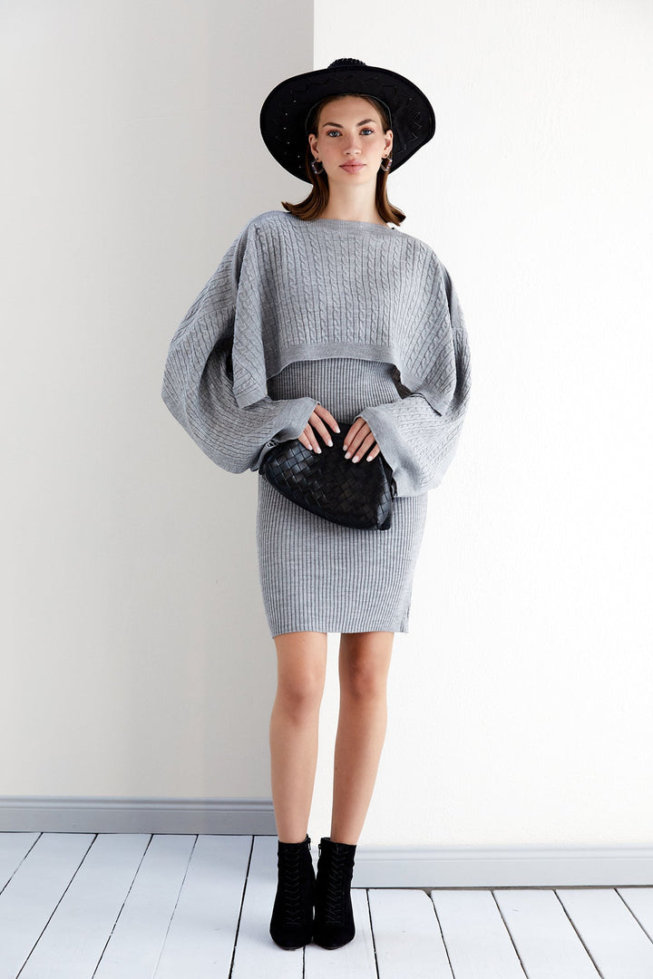 Knitted Midi Dress with Oversize Crop Bolero in Grey - jqwholesale.com